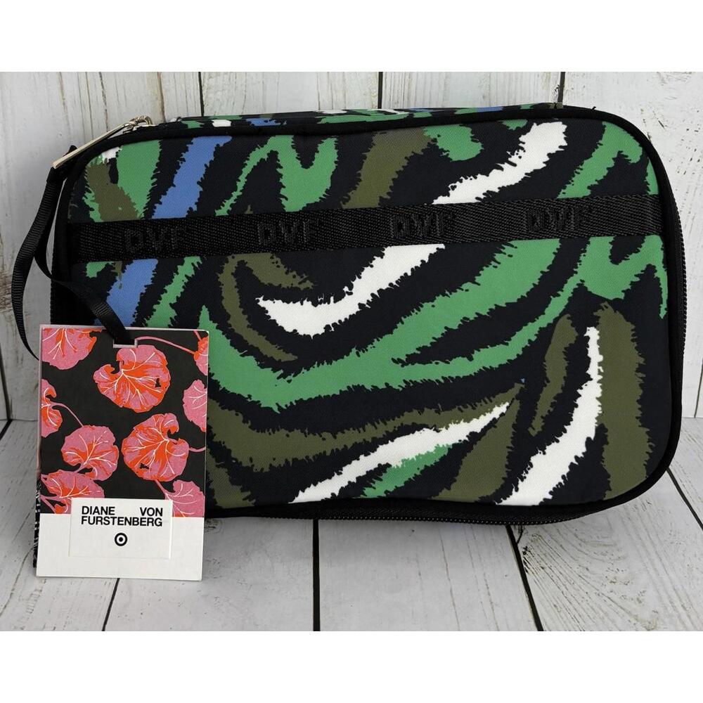 Diane Von Furstenberg Green & Black Zebra‎ Travel Jewelry Organizer Zip Around